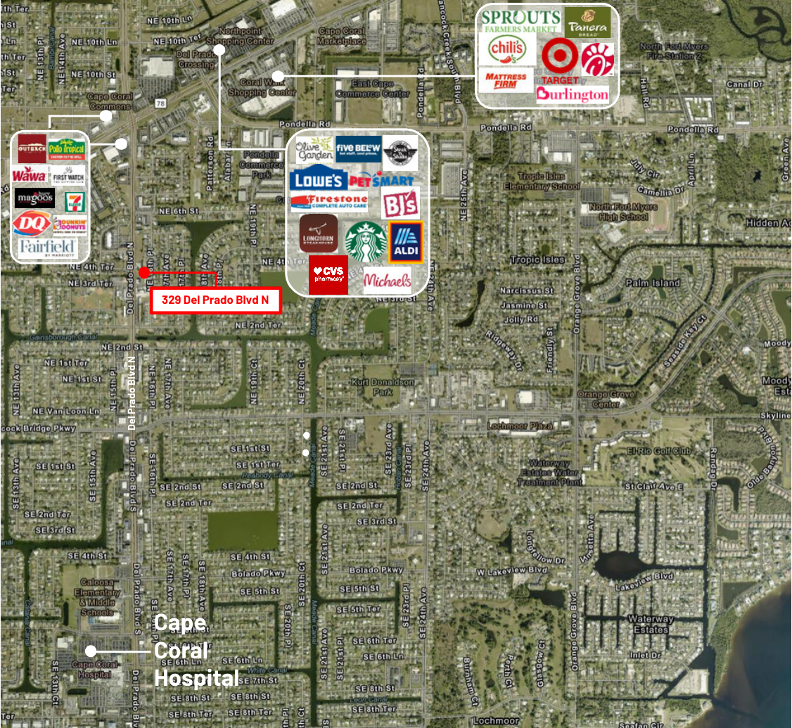 Map of 329 Del Prado Boulevard North with nearby Cape Coral retail and hospital destinations